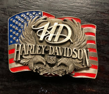 Load image into Gallery viewer, Belt harley 1989 vintage pewter belt buckle twin eagles