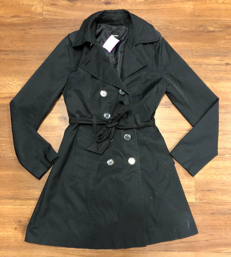 womens S Express button up jacket with belt, black