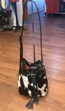 Load image into Gallery viewer, Purse - B&amp;W Crossbody drawstring bucket purse, black &amp; white cow print