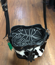 Load image into Gallery viewer, Purse - black and white cowhide drawstring crossbody bucket purse