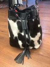 Load image into Gallery viewer, Purse - B&amp;W Crossbody drawstring bucket purse, black &amp; white cow print