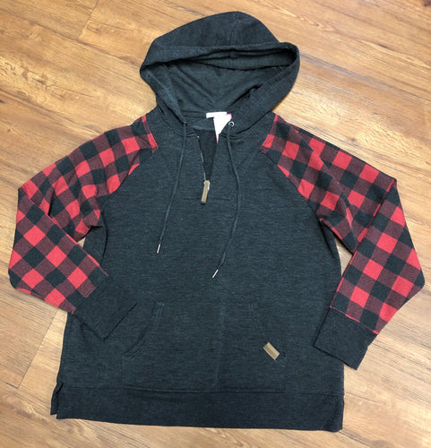 Size L Maurices Sweatshirt, red & gray checkered 1/4 zip pullover w/ hood
