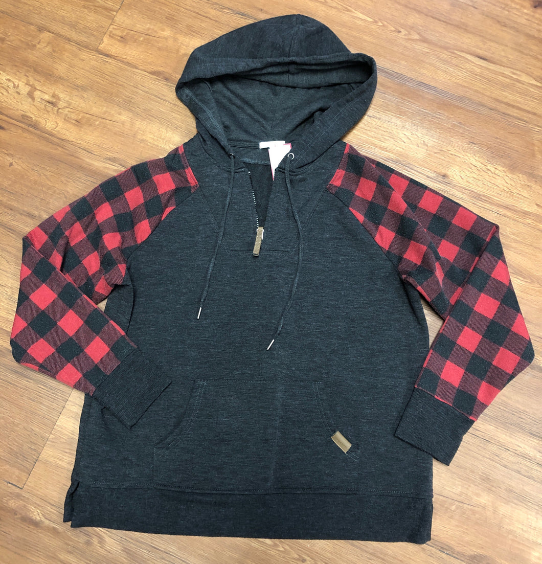 Size L Maurices Sweatshirt, red & gray checkered 1/4 zip pullover w/ hood